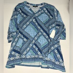 Chelsea Studio Women 4X 34 36 Shirt Tunic Blue White Floral Patch Rayon New Tag